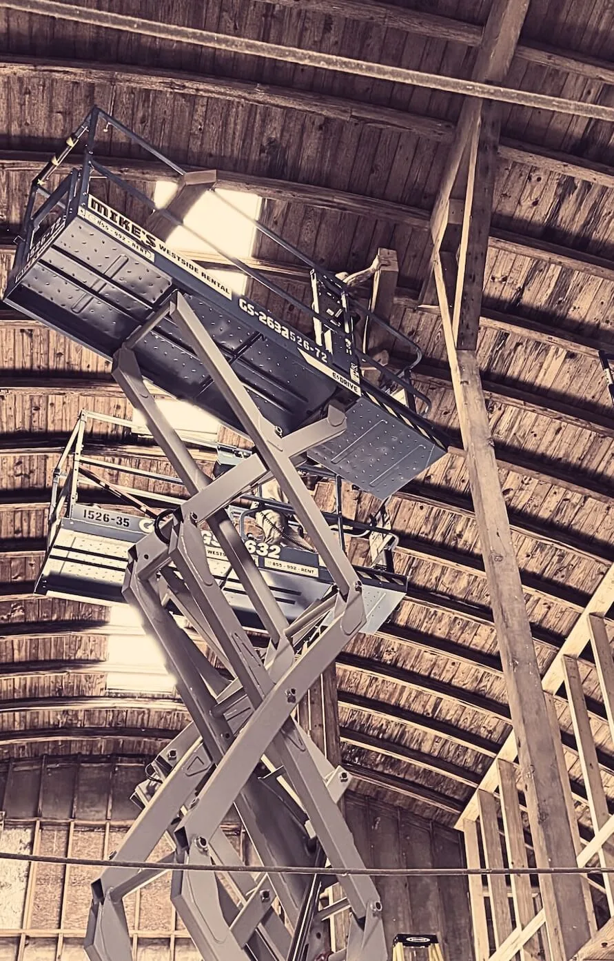 Construction lift inside a timber-framed stage on the Papaian Studios campus